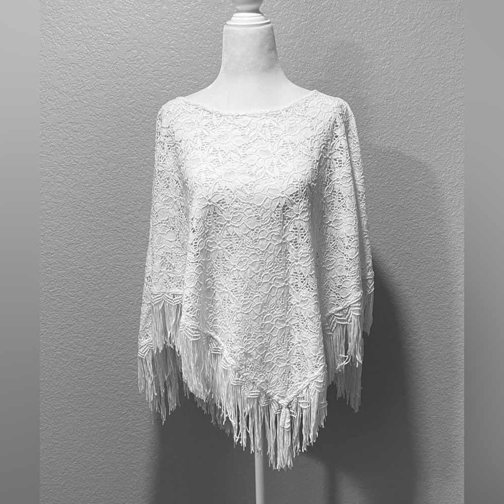 Chico’s Triangle Lace Fringe Poncho 
Optic White One Size Fits All